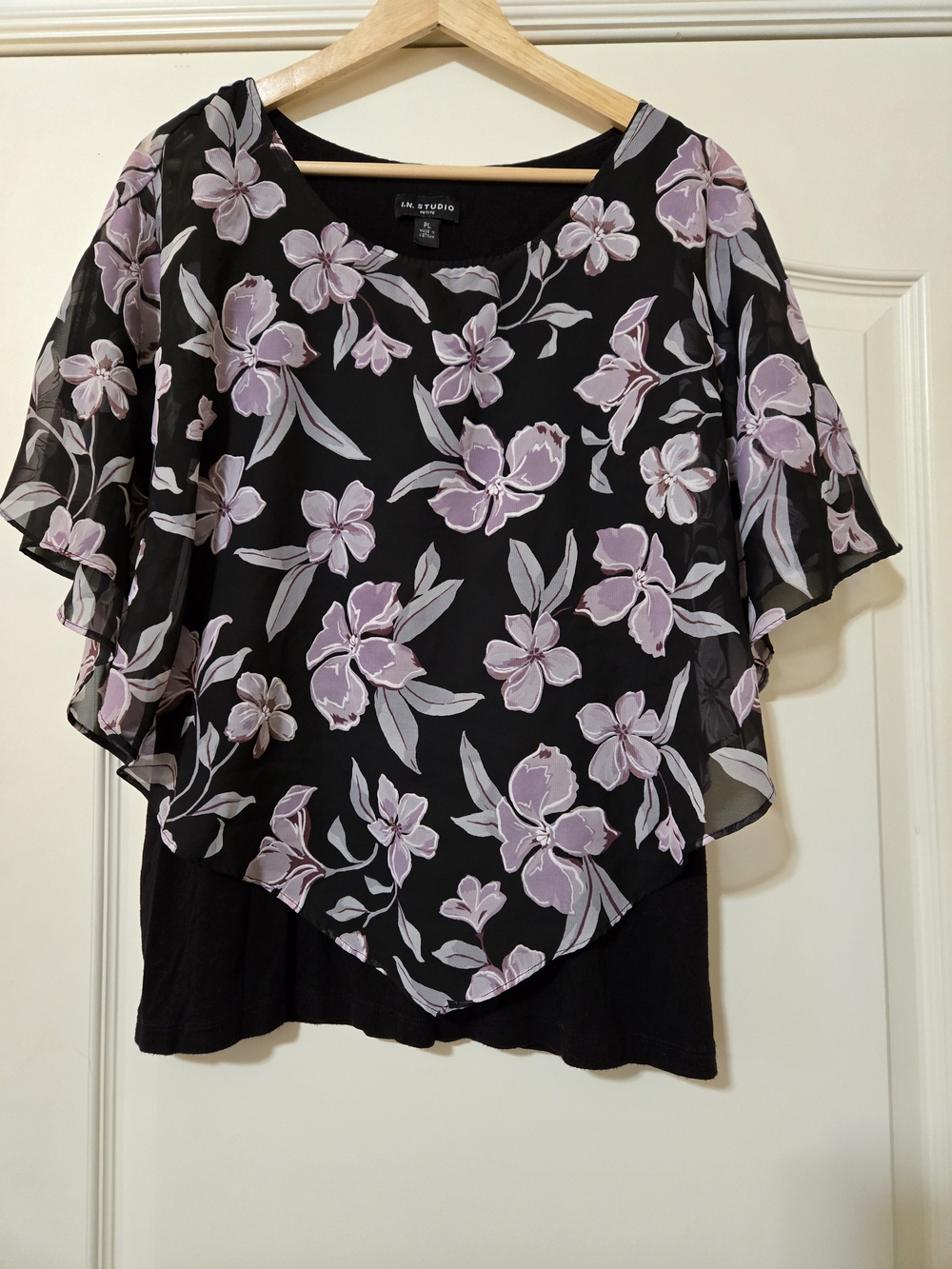 I.N. Studio Black Tank Top with Lilac Floral Chiffon Overlay